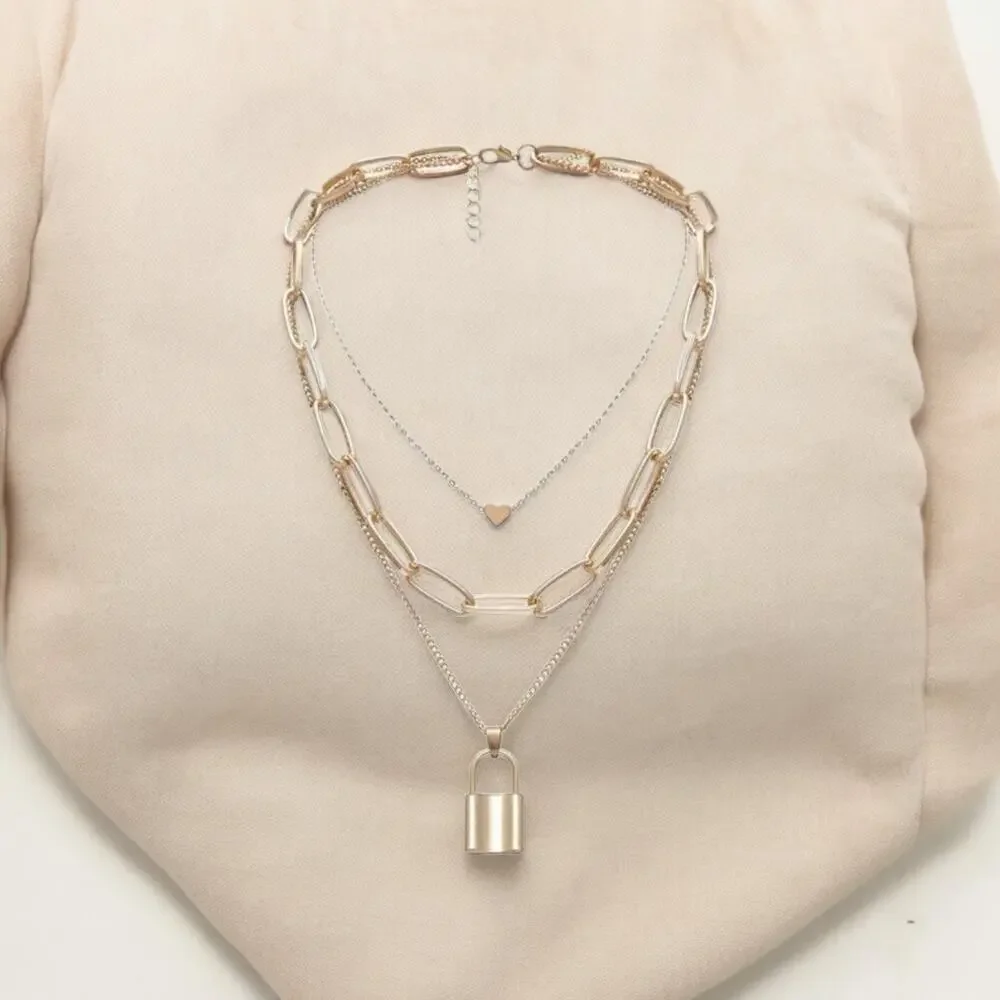 NEW 18 karat yellow gold plated triple layer lock and heart necklace jewelry B21